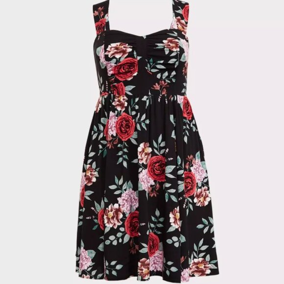 Torrid Mini Challis Skater Dress Black Floral Roses Size 2 - Picture 5 of 8